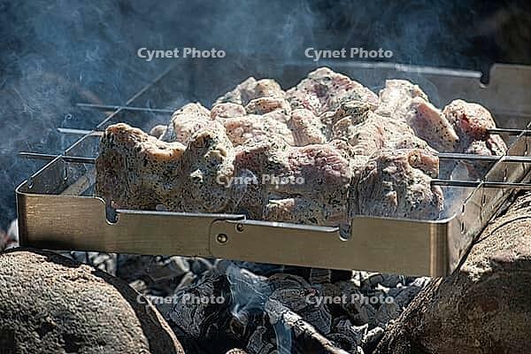 Marinated pork skewers sizzling over hot charcoal with rising smoke seasoned with herbs and spices on metal tray. Outdoor barbecue scene ideal for summer picnics, campfire cooking and appetizing meals [IBR125536458]