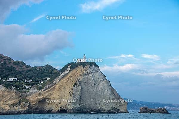 Cape Miseno and its lighthouse, the land marking the north-western border of the Gulf of Naples and Pozzuoli Bay in southern Italy [IBR125536471]