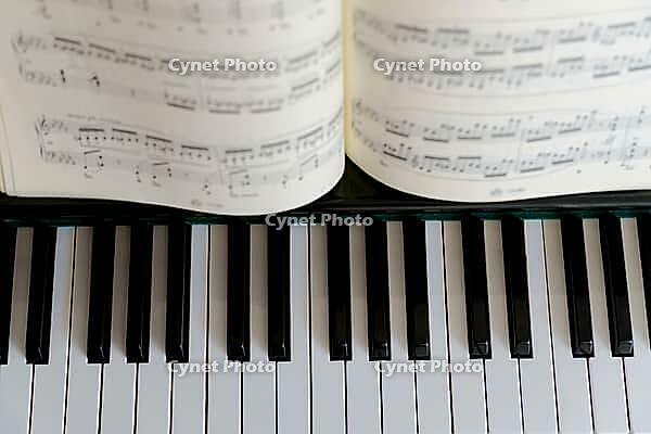 View of the keys of a piano with a partitur on it [IBR125536478]
