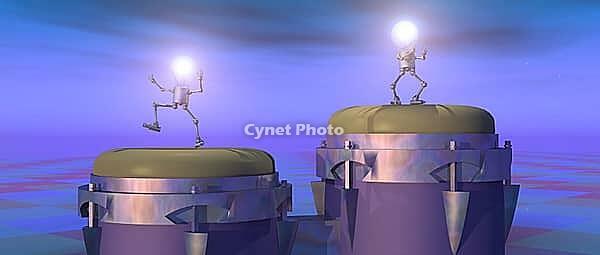 Computer-generated 3D illustration with dancing light bulbs figures on a bongo drum at night [IBR125557538]