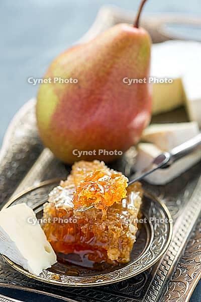 Brie cheese, honey and pear on a metal tray [IBR125557551]