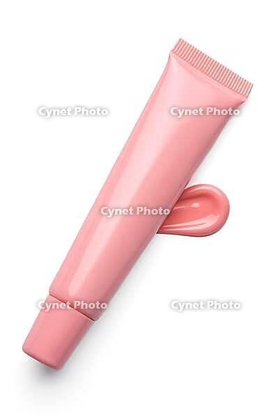 Pink lip tint texture, cosmetics beauty product texture, liquid blush, lipstick, lip gloss swatches, package tube on white [IBR125557561]