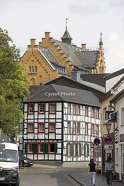 Historic half-timbered house in front of the former monastery, Mechernich-Kommern, North Rhine-Westphalia, Germany [IBR125557580]