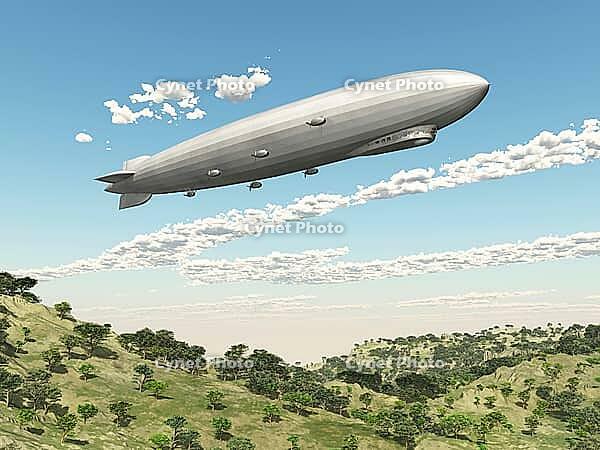 Computer generated 3D illustration with a zeppelin over a landscape [IBR125557600]