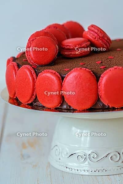 Chocolate cake decorated with macarons on a white wooden table [IBR125557621]