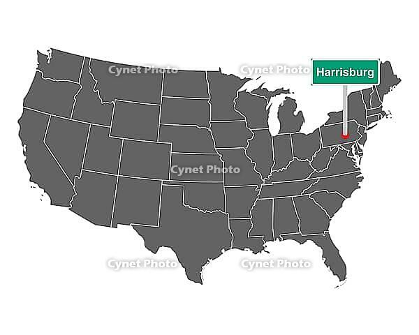 Harrisburg Ortsschild und Karte der USA - Harrisburg city limit sign and map of USA [IBR125565999]