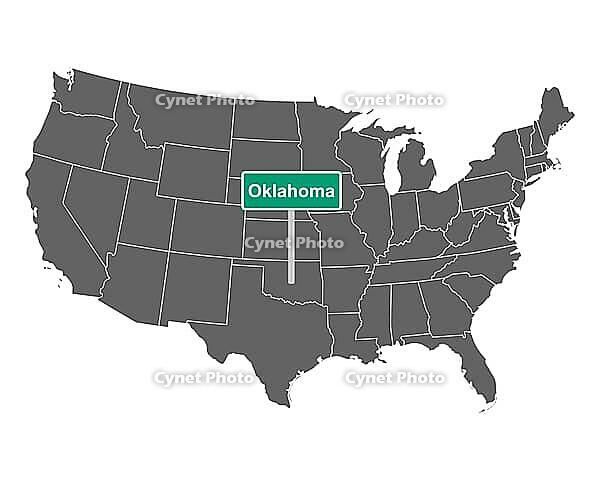Oklahoma town sign and map of USA - Oklahoma state limit sign and map of USA [IBR125566016]