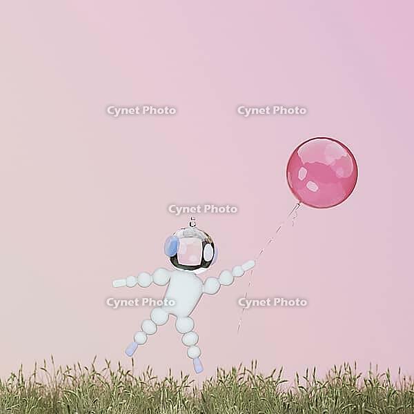 Astronaut with red ball flying under beautiful meadow with green grass. Hope for better future, space, different world, new generation, no fear concept. 3D illustration, 3D rendering [IBR125566041]