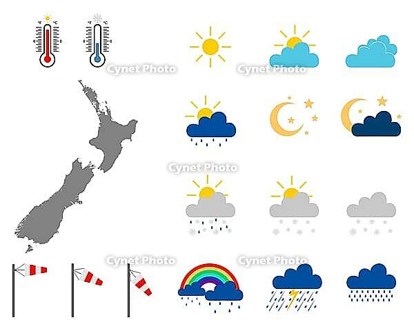 Map of Neusseland with weather symbols - Map of New Zealand with weather icons [IBR125566052]