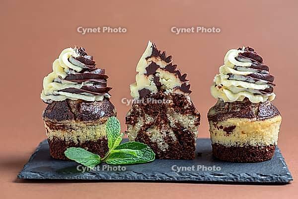 Delicious marble cupcakes with chocolate and vanilla cream served on a slate plate with a sprig of mint, copy space. Concept of homemade sweet pastries [IBR125566057]