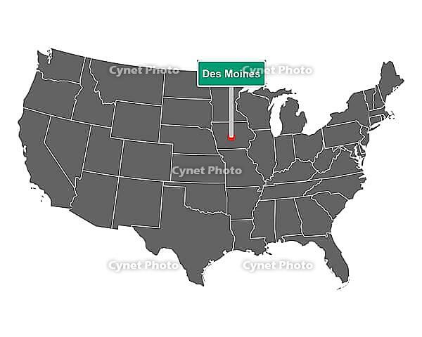 Des Moines town sign and map of USA - Des Moines city limit sign and map of USA [IBR125566085]