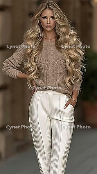 A poised blonde woman with long wavy hair wears a beige knit sweater and white pleated trousers on a softly blurred urban city street. AI generated [IBR125592654]
