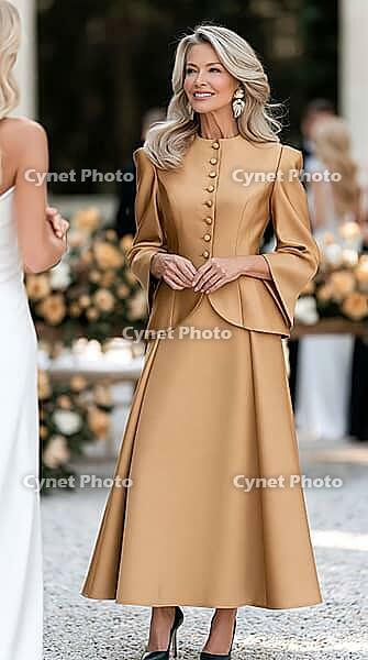 A smiling blonde mother of the bride in a gold satin jacket and long skirt stands among flowers at an elegant outdoor wedding. AI generated [IBR125592658]