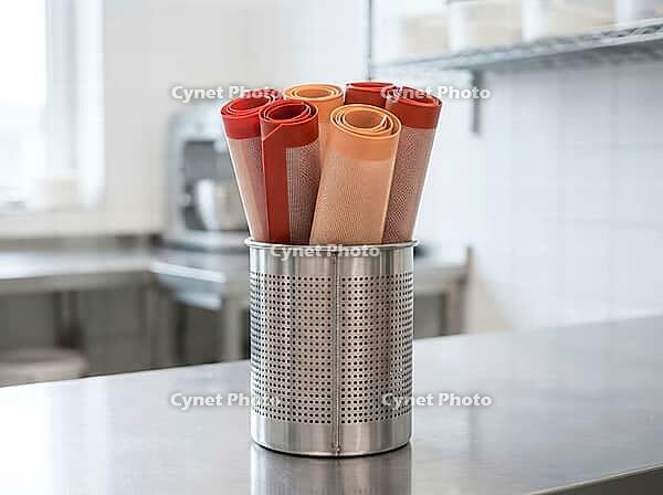 Rolled silicone baking mats stand upright in a perforated steel holder on a worktop in a bright professional kitchen, arranged for compact storage, AI generated [IBR125592660]