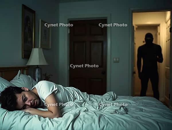 Homeowner lying in bed and watching a masked intruder searching his house, AI generated [IBR125592661]