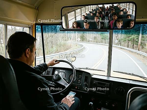 A wide mirror reflects rows of children seated behind the driver as the bus follows a curving woodland road, with the dashboard and phone in view, AI generated [IBR125592662]