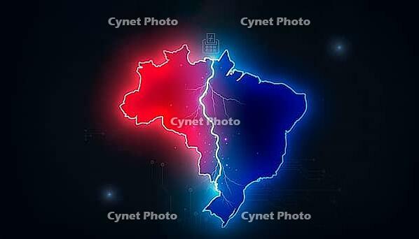 Conceptual Image of Political Polarization in Brazil: Left vs Right Neon Map, AI generated [IBR125592663]