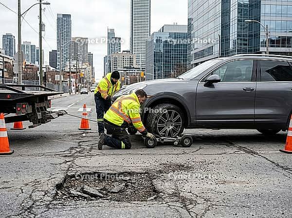 Traffic cones mark the work area as a flatbed tow truck waits nearby, while modern office towers rise above cracked pavement in daylight, AI generated [IBR125592665]