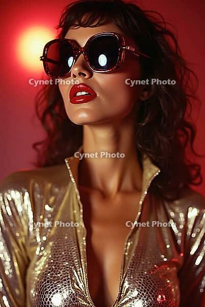 Portrait of a fashionable disco dancer wearing a gold outfit and oversized sunglasses on a red background, AI generated [IBR125592666]