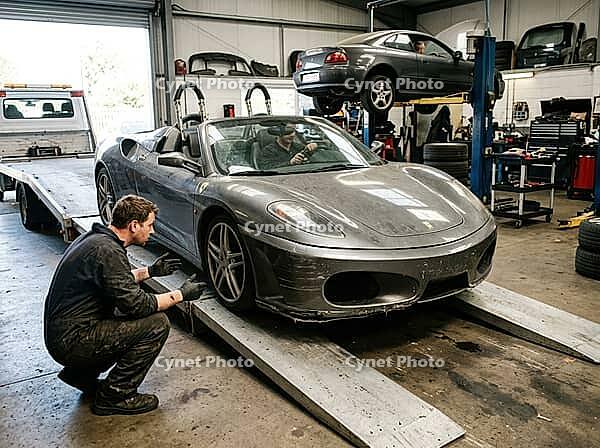 A second sedan sits elevated on a hydraulic lift as tools, tires, metal ramps and workshop equipment fill the indoor service bay, with storage shelves, AI generated [IBR125592669]
