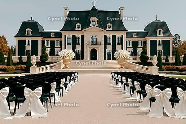Rows of black chairs with white bows lead to a grand French-style mansion prepared for an elegant outdoor wedding ceremony. AI generated [IBR125592670]