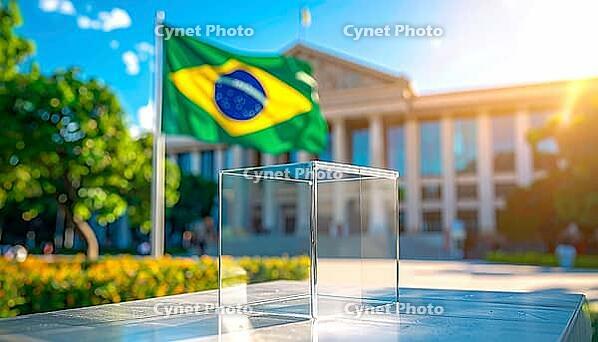 Clear ballot box for brazilian presidential election outdoors on sunny day, AI generated [IBR125592671]