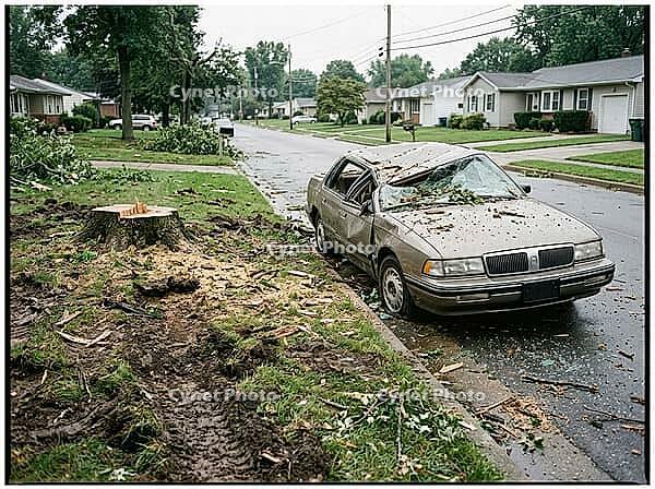 Beige car sustaining heavy damage on its roof and windshield from a fallen tree, sitting on a suburban street curb with debris and a freshly cut tree stump on the lawn, AI generated [IBR125592672]