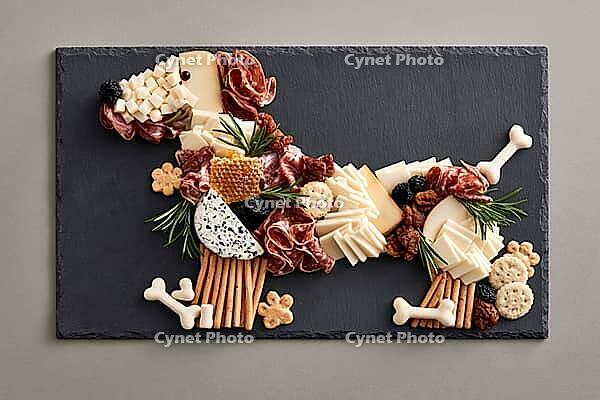 Cheese, cured meats, crackers and rosemary are arranged in a playful dog shape on a dark slate charcuterie serving board. AI generated [IBR125592674]
