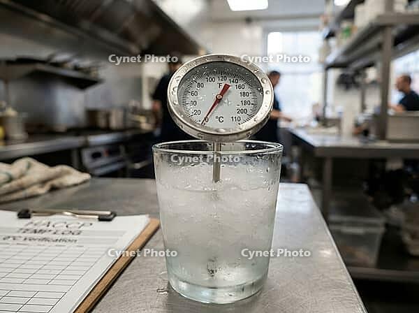 A probe thermometer sits in an ice water bath beside a temperature log, illustrating food safety checks and calibration in a working commercial kitchen, AI generated [IBR125592678]