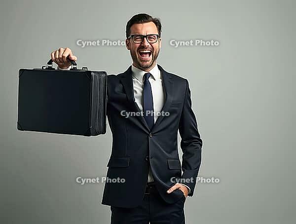Businessman in suit laughing with an empty lettercase in hand, AI generated [IBR125592680]