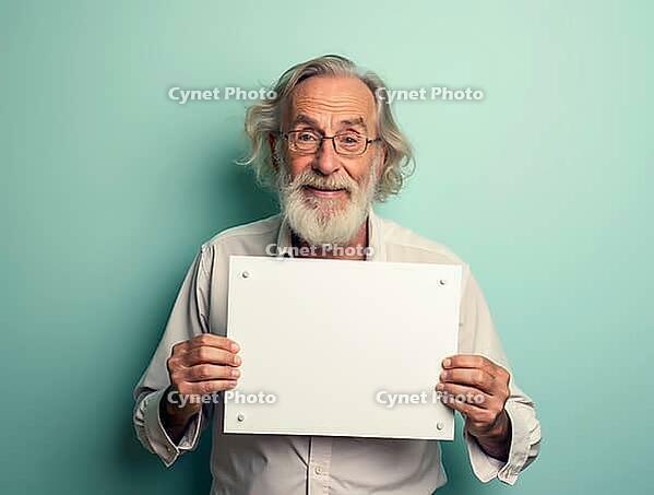 Happy bearded professor showing blank whiteboard with copy space for text or advertising on turquoise background, AI generated [IBR125592682]