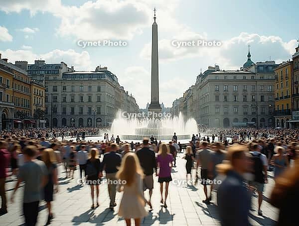 Blurred crowd walking in Place Masséna, Nice, France, during a sunny summer day, AI generated [IBR125592685]