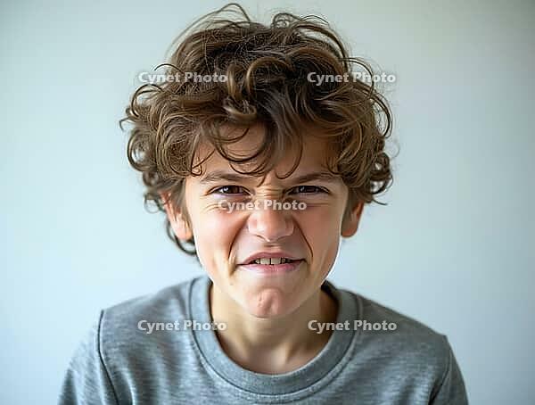 Portrait of a disgusted preteen boy wrinkling his nose and curling his lips on a light background, AI generated [IBR125592686]