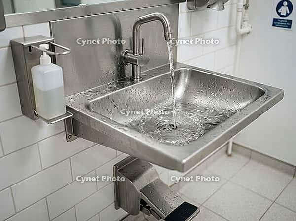 Water streams into the deep basin, while droplets bead on the metal surface beside a wall-mounted soap dispenser and white tiled walls, AI generated [IBR125592687]