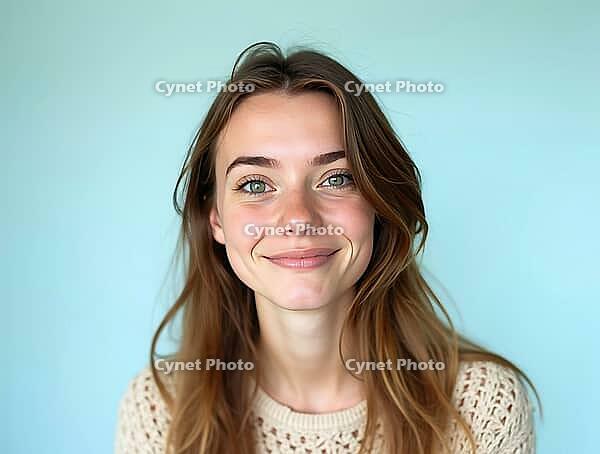 Studio portrait of a bright young woman with captive green eyes and long, flowing brown hair, radiating warmth and confidence against a serene light blue backdrop, AI generated [IBR125592690]