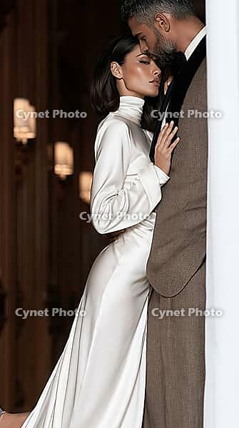 A woman in a flowing white satin gown leans seductively into a suited man in a warmly lit, elegant interior. AI generated [IBR125592702]