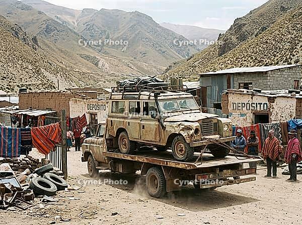 A dusty recovery truck hauls a weathered four-wheel-drive vehicle past adobe buildings, woven textiles and residents beneath rugged Andean peaks in a high-altitude rural settlement, AI generated [IBR125592705]