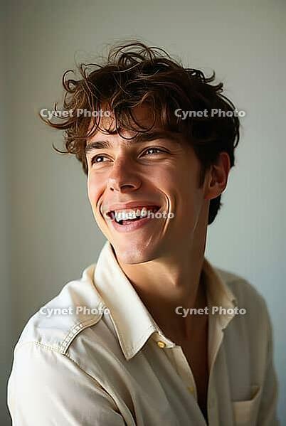 Young man smiling brightly in studio setting, AI generated [IBR125592711]