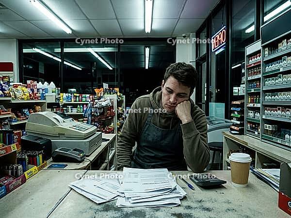 A tired-looking man sits behind a convenience store counter with paperwork, a calculator and coffee amid shelves and fluorescent lighting, AI generated [IBR125592714]