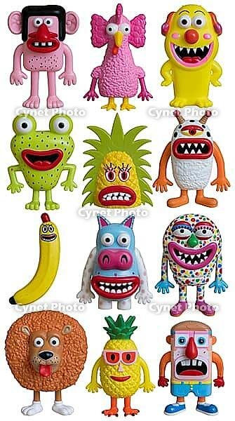 A grid of nine colorful, goofy cartoon monster characters with oversized eyes, exaggerated smiles, and playful fruit-inspired designs. AI generated [IBR125592716]