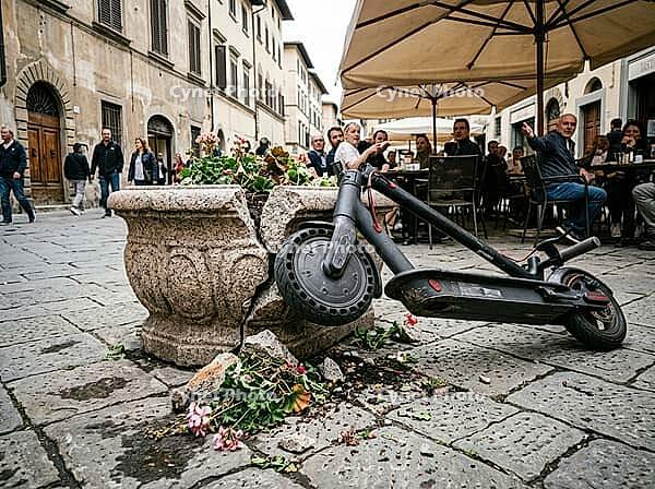 Broken masonry and scattered flowers cover the cobbled pavement as pedestrians pass cafe tables beneath broad umbrellas on a narrow street, AI generated [IBR125592717]