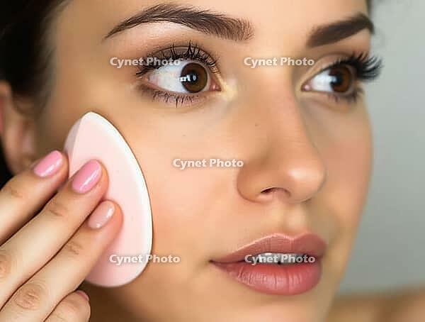 Close-up of a beauty influencer applying foundation with a sponge, achieving a flawless and radiant complexion, AI generated [IBR125592718]