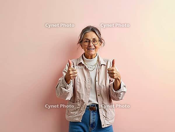 Smiling senior woman showing thumbs up gesture, expressing positivity and approach on pink background, AI generated [IBR125592719]