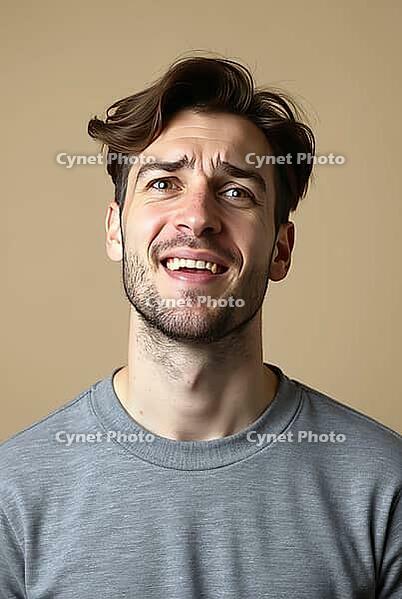 Portrait of a young man making a fake, doubtful smile, AI generated [IBR125592726]