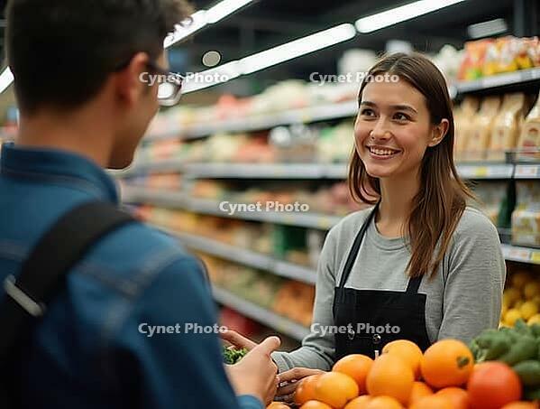 Supermarket saleswoman assisting customer choosing fresh products in grocery store, AI generated [IBR125592727]