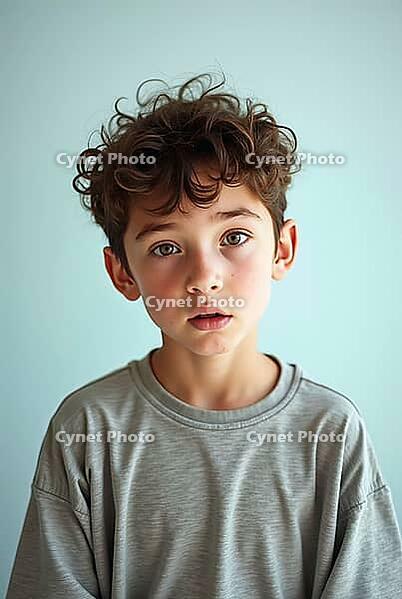 Portrait of disgusted child expressing negative emotions on light background, AI generated [IBR125592734]