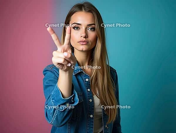 Confident young woman making victory gesture with fingers on vibrant two-tone background, AI generated [IBR125592738]