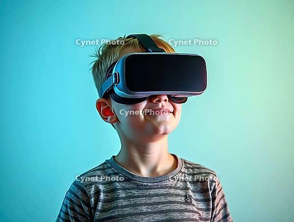 Smiling boy experiencing virtual reality using vr headset, engaging with immersive technology and metaverse simulation, AI generated [IBR125592740]