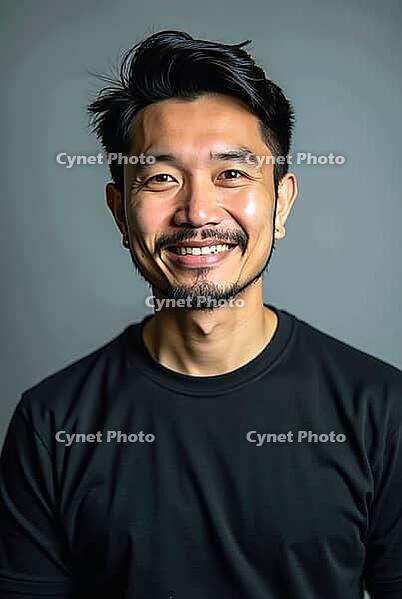 Studio portrait of a cheerful asian man with a goalee, showcasing a Genuine smile and modern hairstyle, AI generated [IBR125592743]