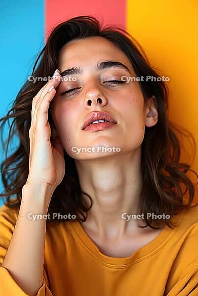 Portrait of a beautiful young woman with closed eyes and hand on her head, posing on a colourful background, AI generated [IBR125592745]